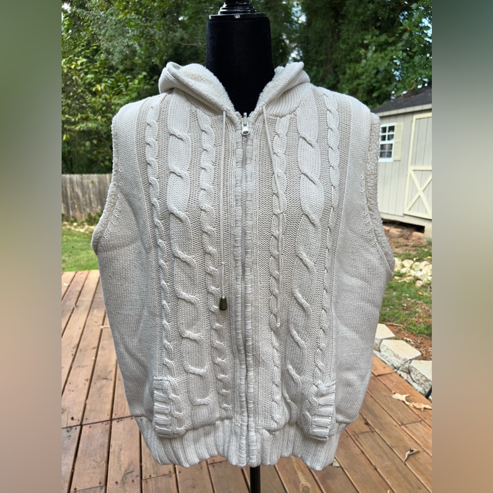 Country Door Hooded Vest Cable Knit Fleece Lined Zip Pocket cream size 2X vtg